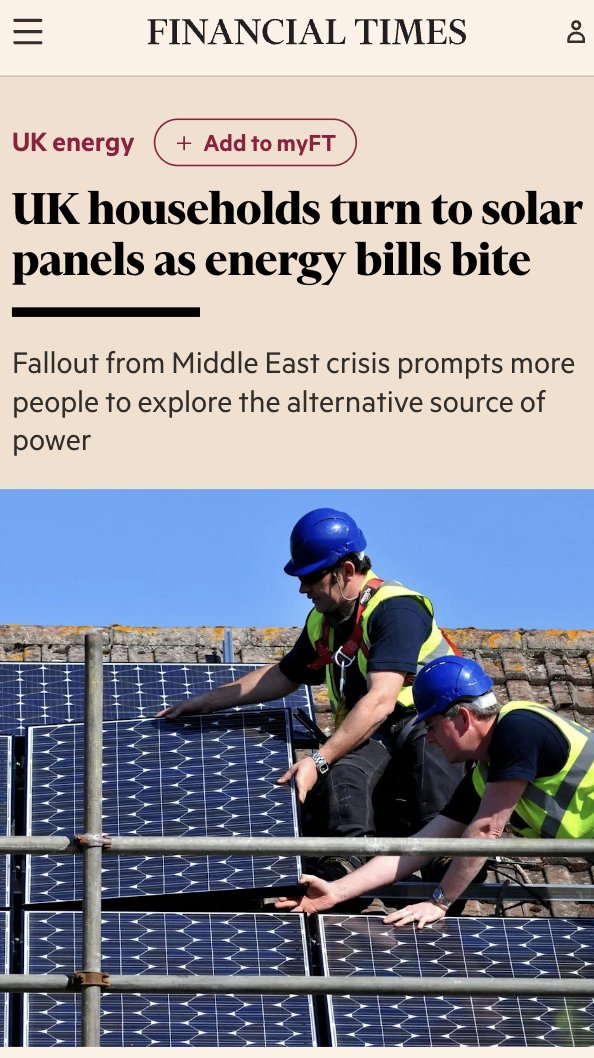 The Iran war is driving a solar boom in the UK.

<a href="/OctopusEnergy/">Octopus Energy</a>  reports solar sales up 54% in March alone.

<a href="/edfenergy/">EDF 🇬🇧</a> says residential sales are running at double last spring's rate.

Every rooftop solar installation is a vote against fossil fuel price volatility.