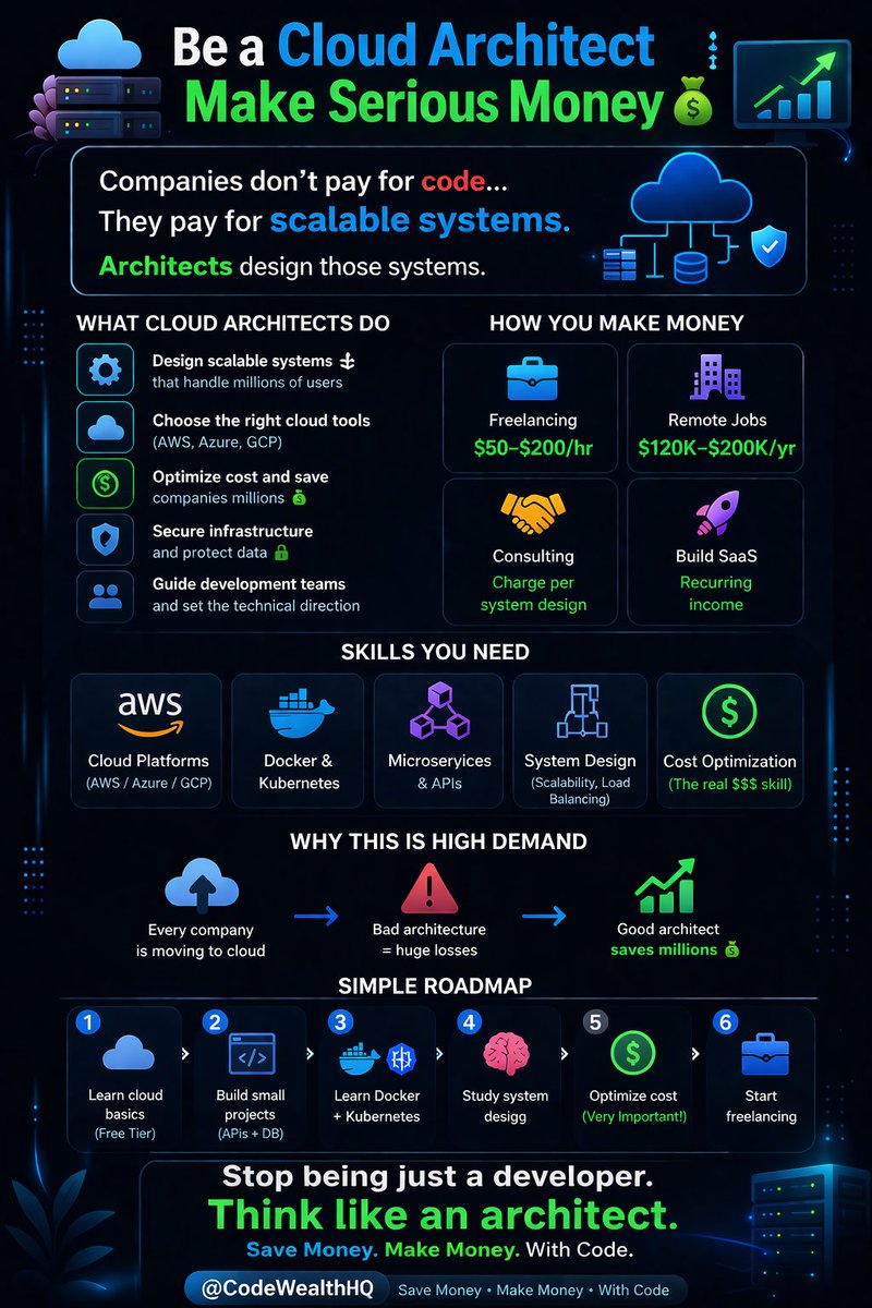 CodeWealthHQ's tweet photo. Companies don’t pay for code…

They pay for scalable systems.

And the people who design them?
Cloud Architects.

High income skill. High demand. Real leverage. ☁️💰

#CloudArchitecture #AWS #Kubernetes 
#SoftwareEngineering #CodeWealth https://t.co/5ZGz8ZoY8W