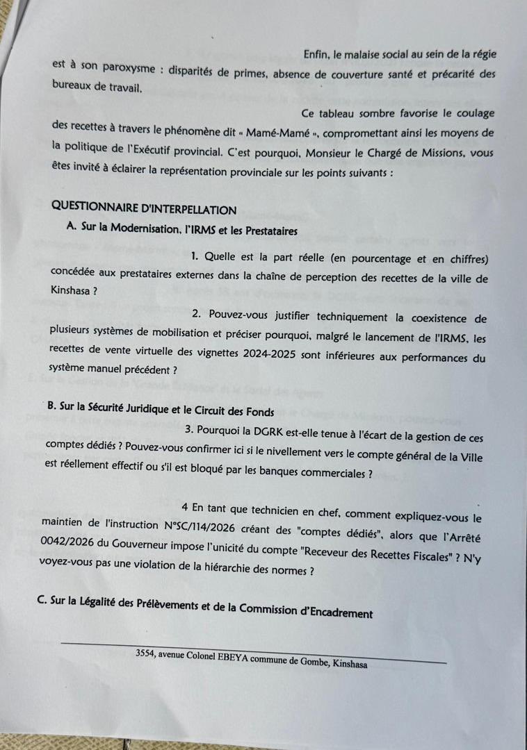🔴 FINANCES PUBLIQUES DE LA VILLE DE KINSHASA. 

L’honorable <a href="/KabendaI/">KABENDA Israelo</a> interpelle le Chargé de mission de la <a href="/Dgrk_rdc/">DGRK RDC</a>.

Dans le cadre de sa mission de contrôle parlementaire, l’élu de Kinshasa a adressé une question orale avec débat afin d’éclairer plusieurs enjeux majeurs :
1.