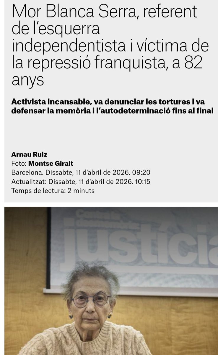 El nostre condol per una catalana que ha lluitat i ha vençut les tortures de l'ocupant, na Blanca Serra. La seva pertinença al marxisme independentista no és el més rellevant en aquests moments. Quan un català compromès amb la nació ens deixa, perdem una força incalculable.