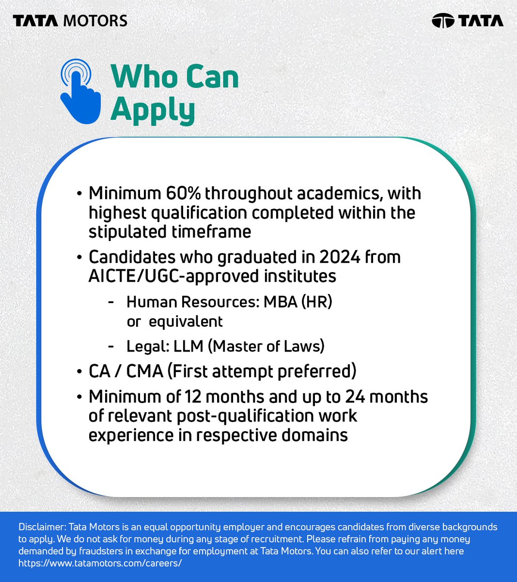 TataMotors's tweet photo. Step into a future built on growth and purpose at Tata Motors. Explore diverse roles, work on meaningful projects, gain cross functional exposure, and build domain expertise in Finance, HR and Legal.
#TataMotors #EarlyCareerProgram #CareersWithTataMotors https://t.co/Xgk5pDk2QN