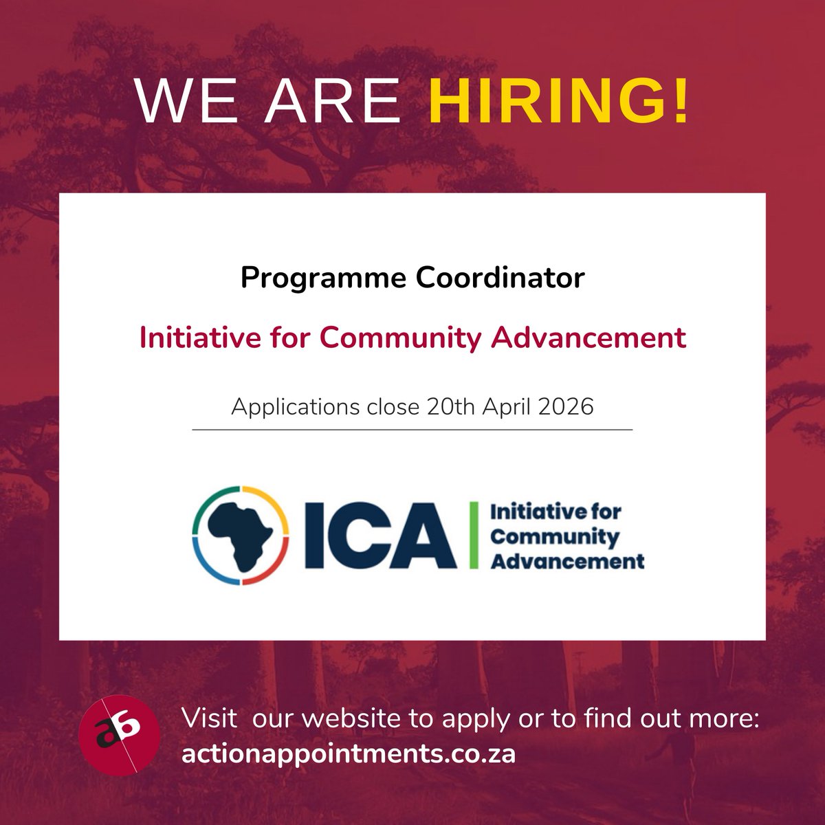 actionappntmnts's tweet photo. VACANCY! Action Appointments is recruiting a Programme Coordinator for the Initiative for Community Advancement, based in the Bergrivier Municipal Area.
For more info, visit the link below:
https://t.co/0J3MWPnppa
#Hiring #NGOVacancy #ProgrammeCoordinator #ICA #YouthDevelopment https://t.co/jZBE6yEBIk