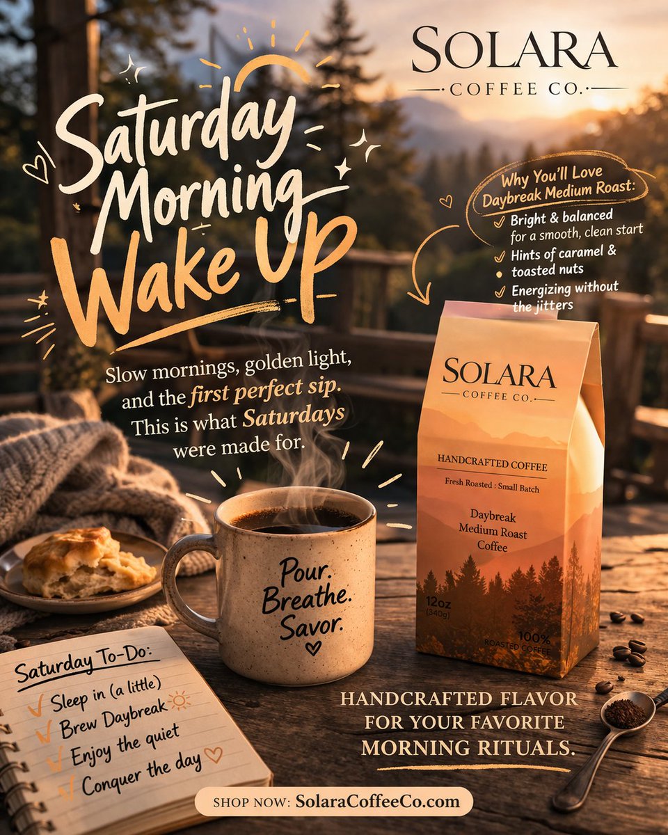 SolaraCoffeeCo's tweet photo. Saturday mornings just hit different ☀️

Our Daybreak Medium Roast is made for mornings like this — smooth, balanced, and just enough kick to get you moving without the jitters.

☕ Fresh roasted. Small batch. Always handcrafted.
👉 Shop now: https://t.co/KetnhnYVC6

#coffee https://t.co/ERVlgDz4GP