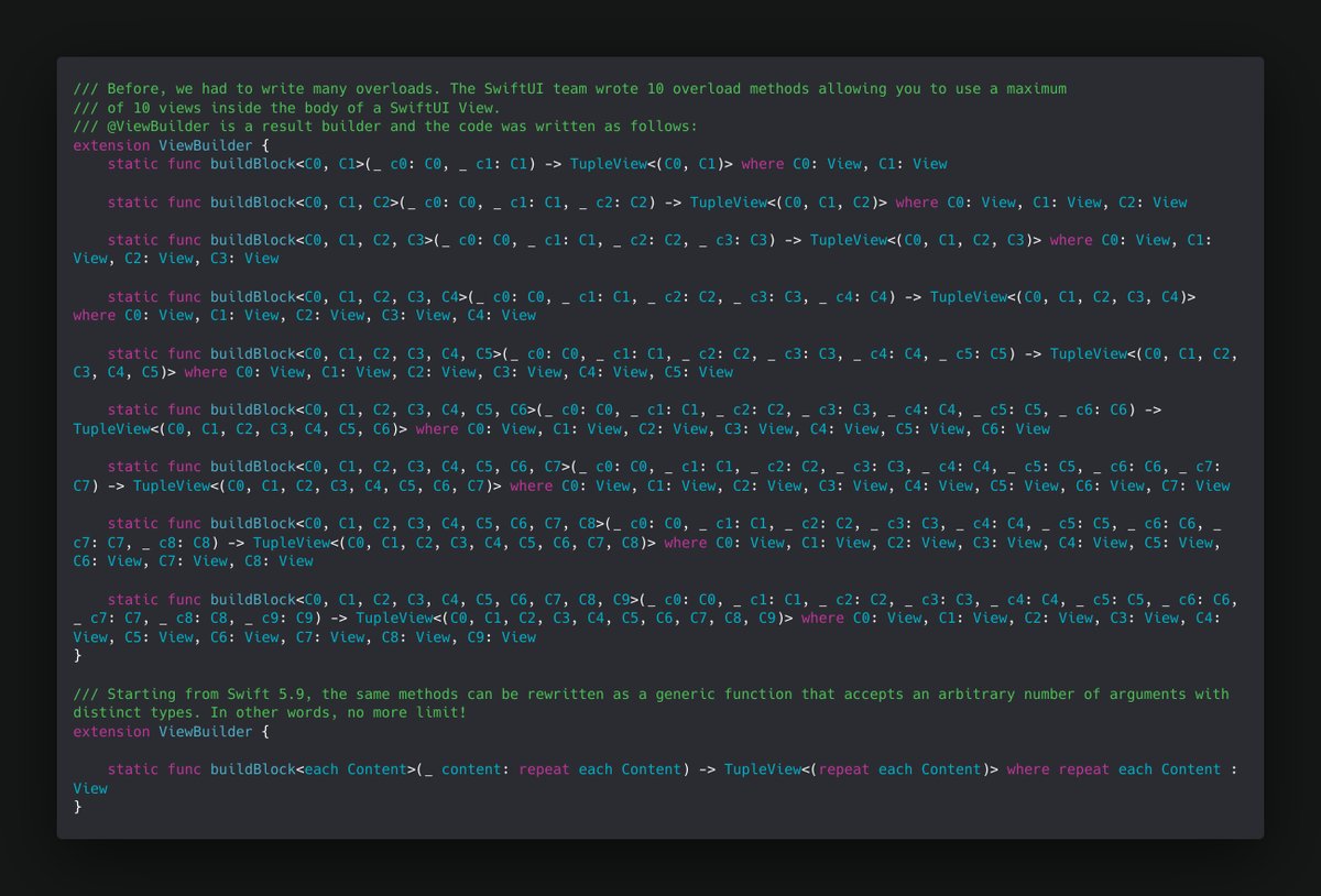 twannl's tweet image. Value and type parameter packs have a massive impact on the code we write today.

The most noticeable example: SwiftUI no longer comes with a 10-view limit.

Let me explain why!
avanderlee.com/swift/value-an…    

#swiftlang #iosdev