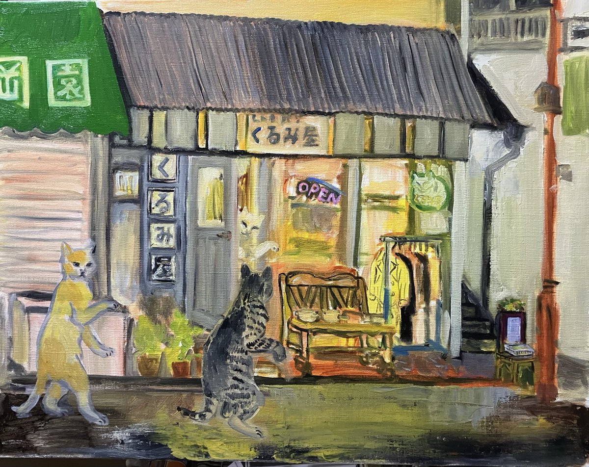 ｐ１０号という横長サイズのカンバスで油絵。

まずは下がきまで　＃猫ちゃん　＃イラスト