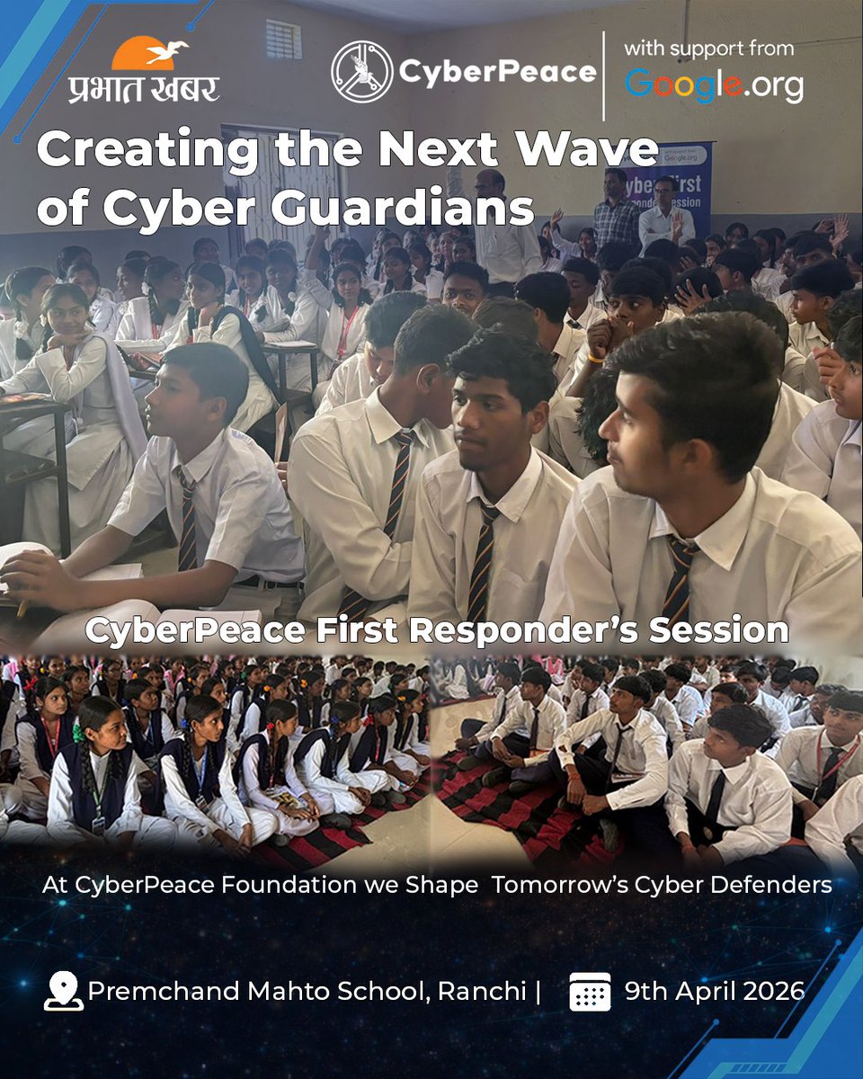 cyberpeacecorps's tweet image. Creating the Next Wave of Cyber Defenders 💻🔐  

#CyberPeace☮️, in collaboration with @prabhatkhabar  Media Group, Ranchi, and supported by Google Org, successfully conducted the CyberPeace First Responder Technical Session at Premchand Mahto School, Ranchi.  

Centered around