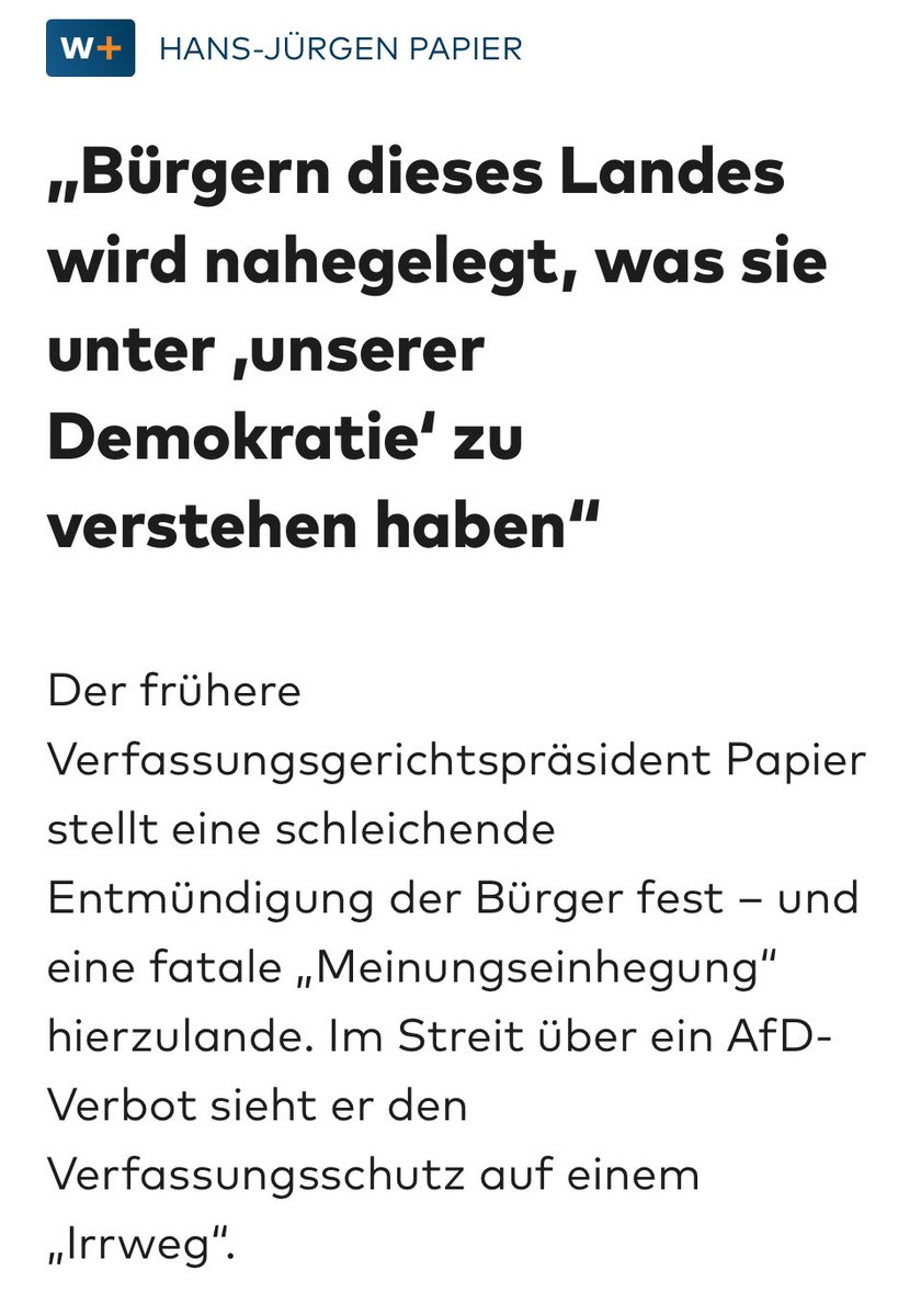 „Auch die Meinungsfreiheit wird zunehmend infrage gestellt. … Indem den Bürgern dieses Landes beispielsweise nahegelegt wird, was sie unter „unserer Demokratie“ zu verstehen haben. Der Souverän, von dem die Herrschaft ausgehen soll, wird oftmals von staatlicher Seite oder von