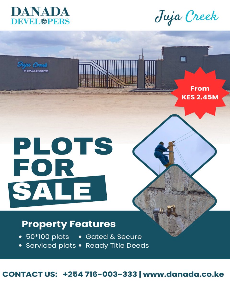danada_ke's tweet photo. Own a piece of prime land at Juja Creek by Danada Developers. Serviced 50×100 plots in a secure gated community with water &amp; electricity. From KES 2.45M with flexible payment plans. Perfect for your dream home or investment.

📞 +254 716 003 333
🌐 https://t.co/1a2sdx7P5n https://t.co/6dpi3KiDXL