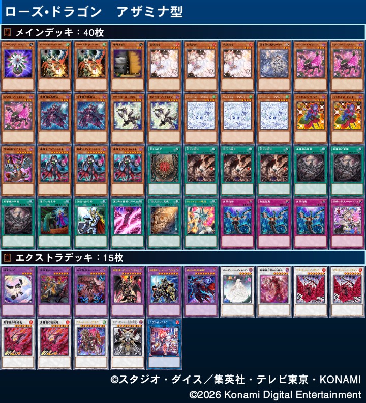 アザミナ型のローズ•ドラゴンで、将軍CSに参加してみました。

1回戦　人数の関係でなし
2回戦　リボルボット　先◯◯
3回戦　リボルボット　先✕◯✕

2回戦は、華園の植物族化が強かったです。
3回戦は、久しぶりに憧れの人と戦えて嬉しかったです!