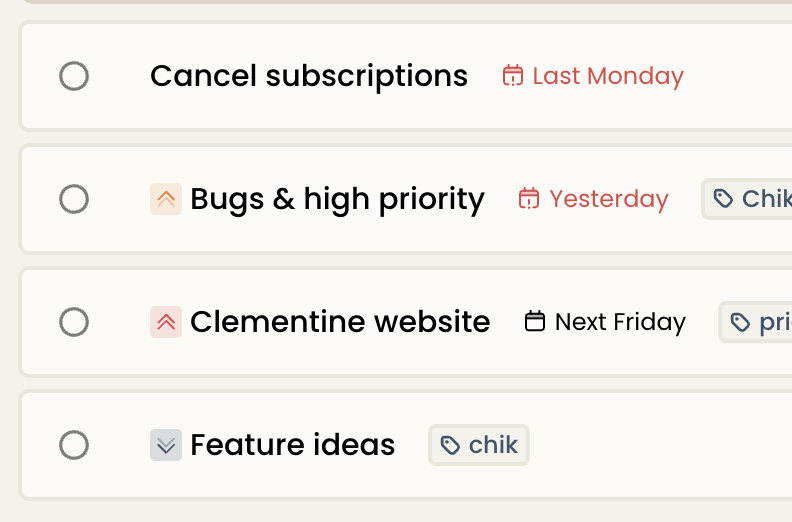 JonathanFors's tweet photo. Added support for setting task priority in Chik.

Just type !!!, !!, or ! at the start of the task title, very similar to something like Todoist 👌

#buildinpublic https://t.co/1RtTKeFEq3