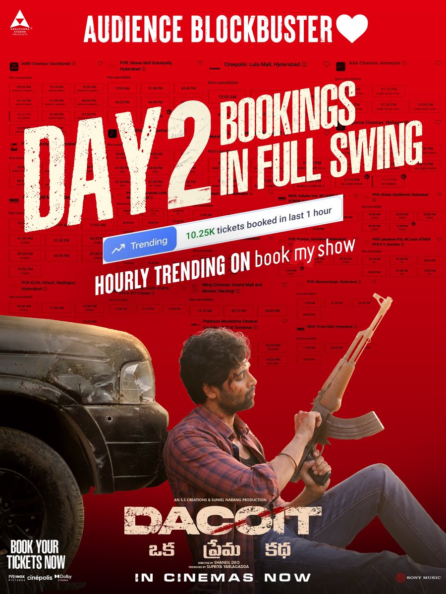 NtrFanSomesh's tweet photo. Day2 Booking Full Swing 💥💥
10.25K Tickets Booked In Last 1 Hr 👌

AUDIENCE BLOCKBUSTER ❤️ #Dacoit
#BlockbusterDacoit https://t.co/D0foopUfbn