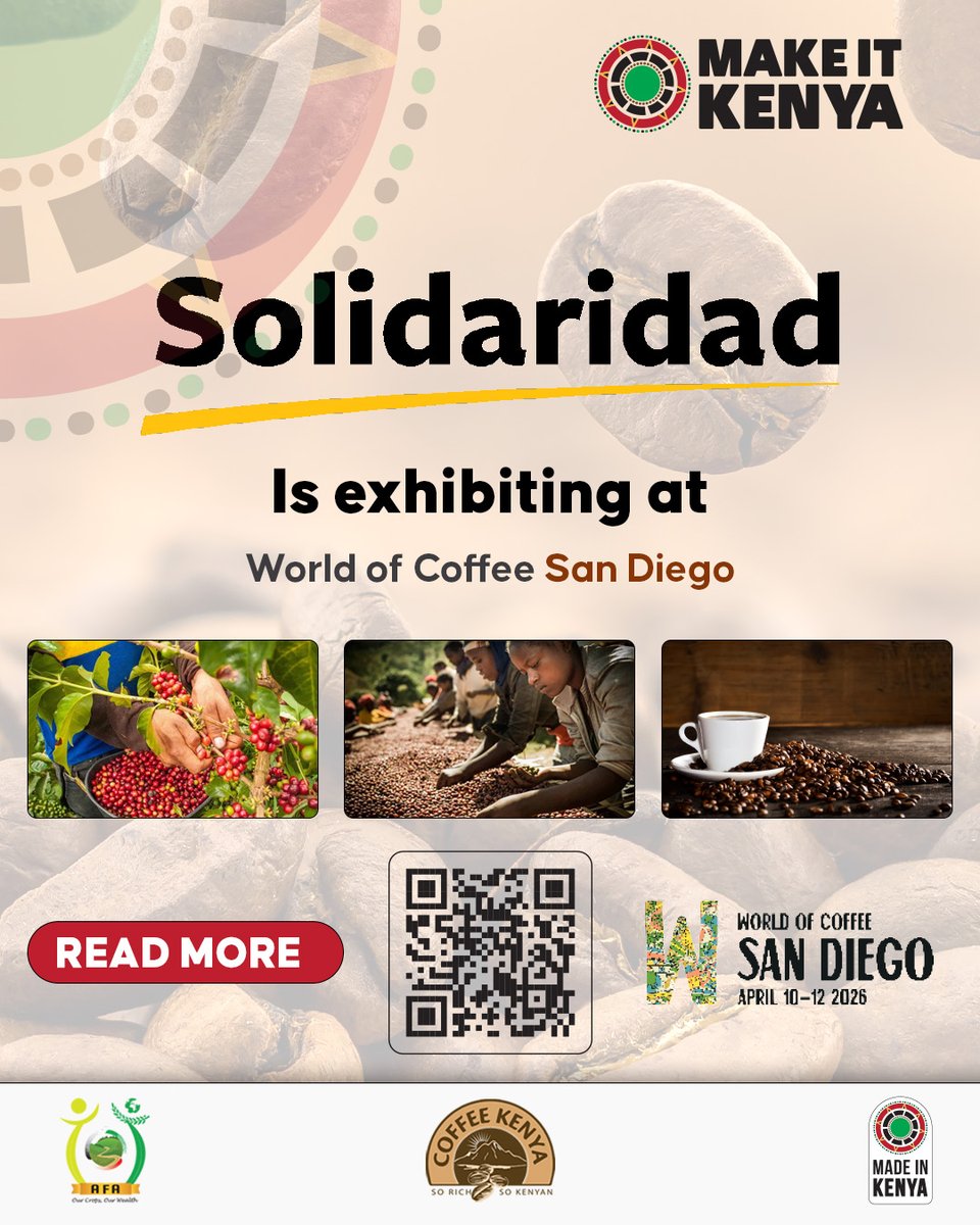 MakeItKenya's tweet photo. .@Solidaridadnetw  is exhibiting at the World of Coffee in San Diego, USA.

Read more about them here: https://t.co/aJRZlnQEi6 

#KenyanCoffee
#ThinkCoffee - #MakeItKenya

@MITIKenya @Trade_Kenya @kenya_afa @SpecialtyCoffee @KenyaembassyDC @kenyalaconsul @ForeignOfficeKE @Diaspora_KE @Mosolutionsltd @CS_MoALD