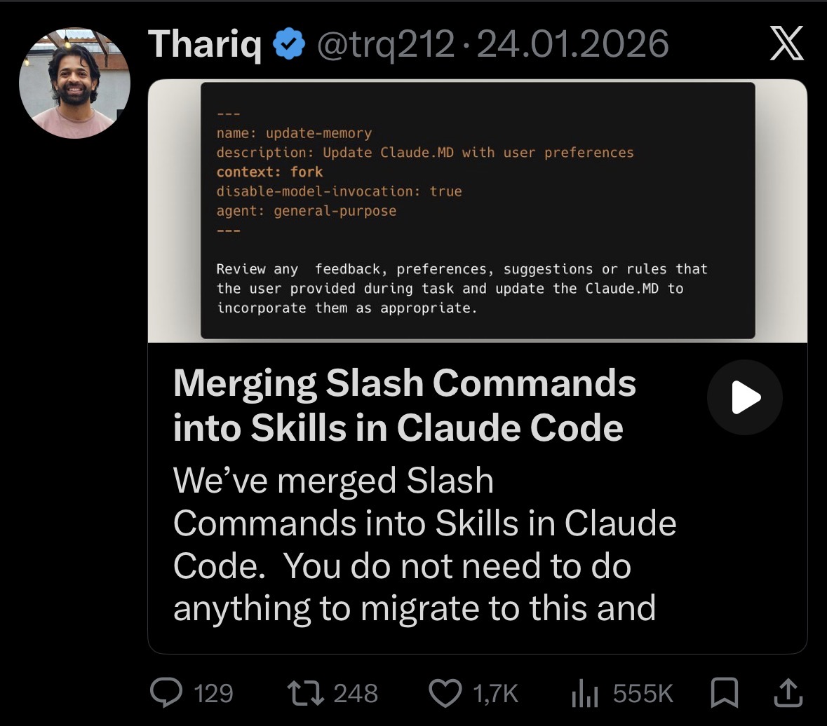 d4m1n's tweet image. ✋ stop using commands in Claude Code

just use skills.
you can get the same DX with:

---
disable-model-invocation: true
user-invocable: true
---

this way you benefit from the entire skill ecosystem and also better cross-compact across CLIs, IDEs.

seems like commands are gonna