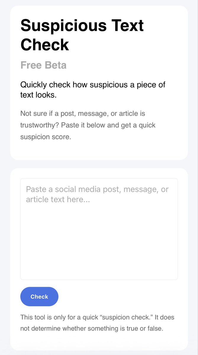 baseball_office's tweet photo. Can you trust this text?

I built a free tool that checks how suspicious a message looks.

Paste any DM, email, or post — and get a quick score + reasons.

Try it:
https://t.co/jNW04ceNLz https://t.co/QdlxvH2cIi