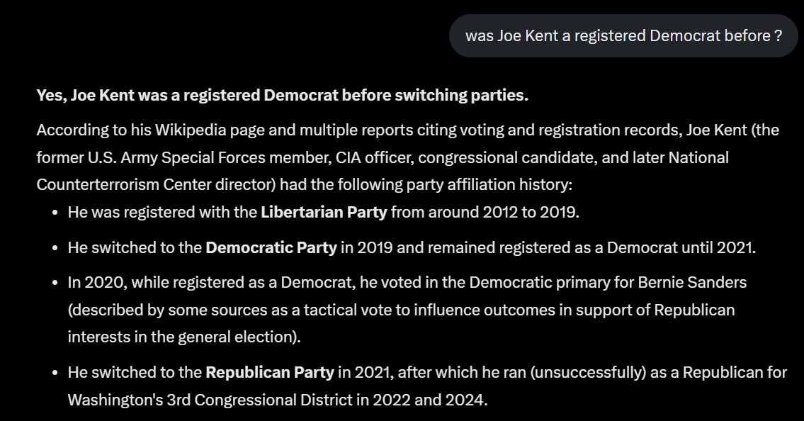 Ringo391854's tweet image. Joe Kent, the former Democrat and CIA officer who changed his affiliation to Republican in 2021 and lost two races to a Democrat? 

The guy who said the same thing as Trump today about Iran in 2020 but for some reason doesn't anymore? 

Why should Trump support him exactly?