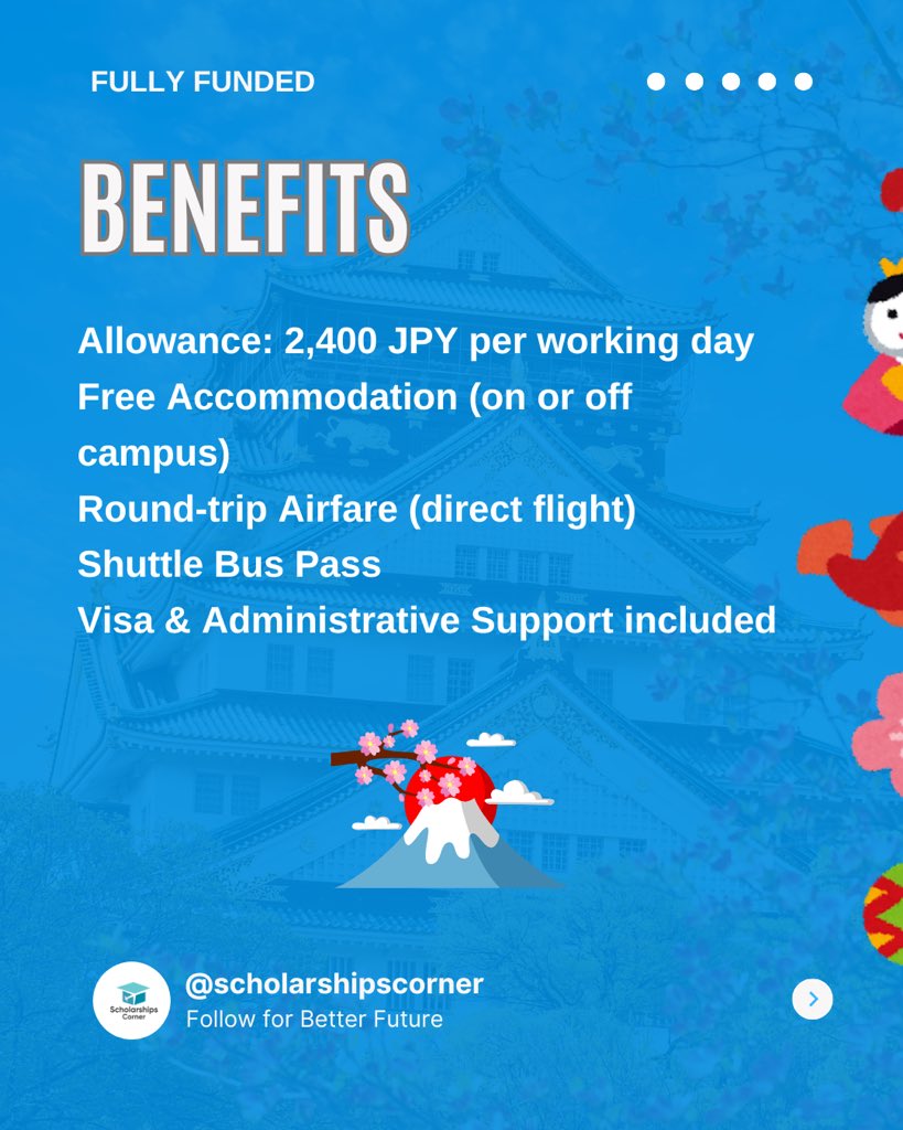 scholar_corner's tweet image. Fully Funded Research Internship  Program in Japan 

Duration: 3-6 months

&amp;gt;&amp;gt; Fall 2026 Internship: Between October 1st, 2026 - March 31st, 2027

Link: scholarshipscorner.website/oist-research-…

Benefits: 
&amp;gt;&amp;gt; Internship Allowance (JPY 2,400 per working day),
&amp;gt;&amp;gt; Commuting Allowance
&amp;gt;&amp;gt; Travel
