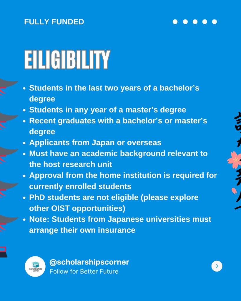 scholar_corner's tweet image. Fully Funded Research Internship  Program in Japan 

Duration: 3-6 months

&amp;gt;&amp;gt; Fall 2026 Internship: Between October 1st, 2026 - March 31st, 2027

Link: scholarshipscorner.website/oist-research-…

Benefits: 
&amp;gt;&amp;gt; Internship Allowance (JPY 2,400 per working day),
&amp;gt;&amp;gt; Commuting Allowance
&amp;gt;&amp;gt; Travel