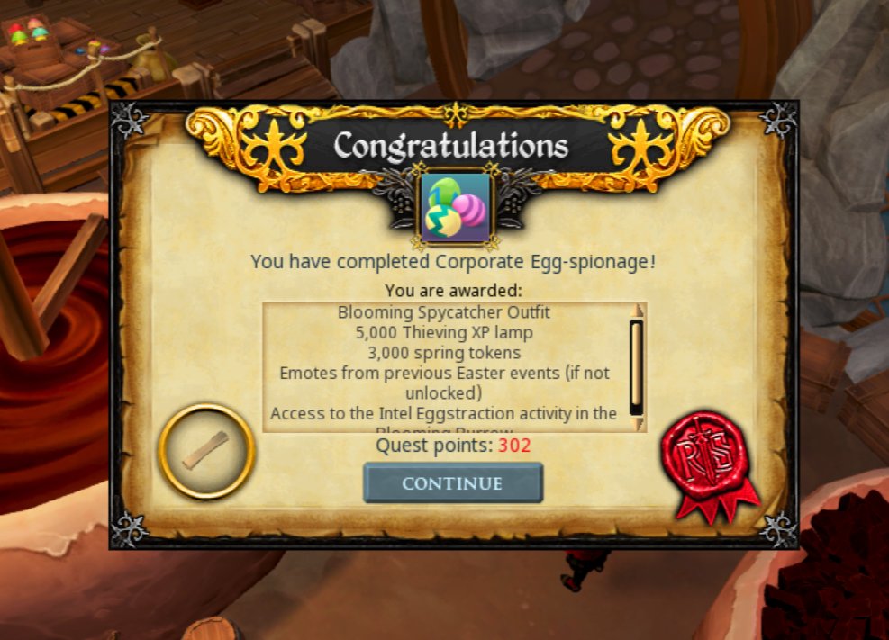 OptionTaken100's tweet photo. Quest Complete: Corporate Egg-spionage!
#runescape https://t.co/HxhJwf5EU2
