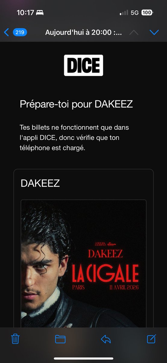 justzmind's tweet photo. je vend ma place ce soir pour dakeez et afios à la cigale il faut aller sur l’appli dice c’est sécurisé ça passe uniquement par la plateforme de revente, 29€ de mémoire https://t.co/wRNpLy2B6a