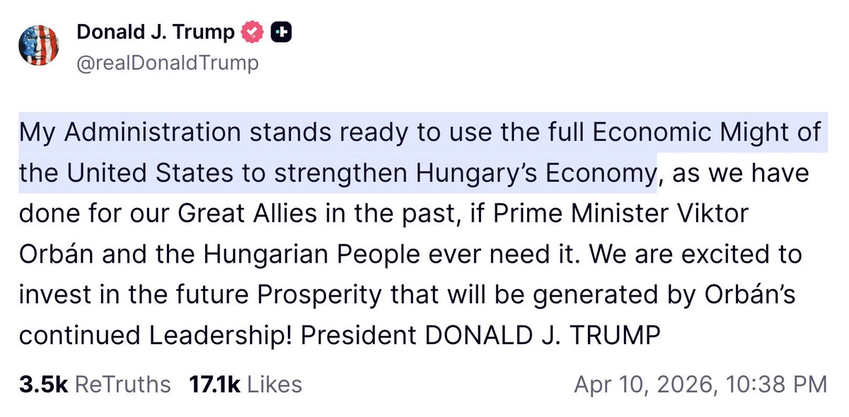 N_Hervieu's tweet photo. Et encore un message de Trump.

Qui promet d'« utiliser toute la puissance économique des États-Unis pour renforcer l’économie de la Hongrie » si Orban est réélu...

Tant d'ingérence électorale &amp; de fébrilité politique, voilà qui est révélateur de l'agenda trumpiste en Europe. https://t.co/mTAUgA8wnw