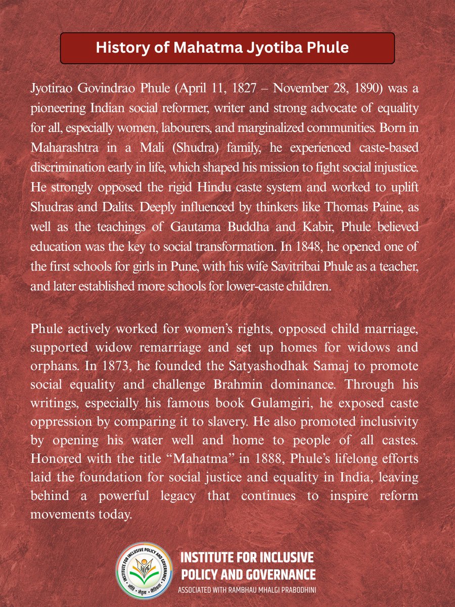 IIPG_RMP's tweet photo. The light of education, the voice of equality and the courage to challenge injustice—Jyotiba Phule showed that true change begins when we stand for what is right. His vision continues to inspire a society built on dignity, knowledge and equal opportunities for all. https://t.co/L25oNLjHHl