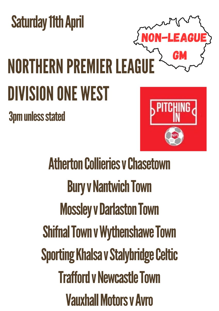 GMNonLeague's tweet photo. In @NorthernPremLge Div 1 West, leaders @buryfcofficial are at home, while 2nd &amp; 3rd @AvroFC &amp; @StalyCelticFC are away, &amp; there are 3 points separating them

@ACFC1916, @MossleyAFC, &amp; @FCTrafford are at home, while @WTFC1946 are away https://t.co/0XR96nUb4A