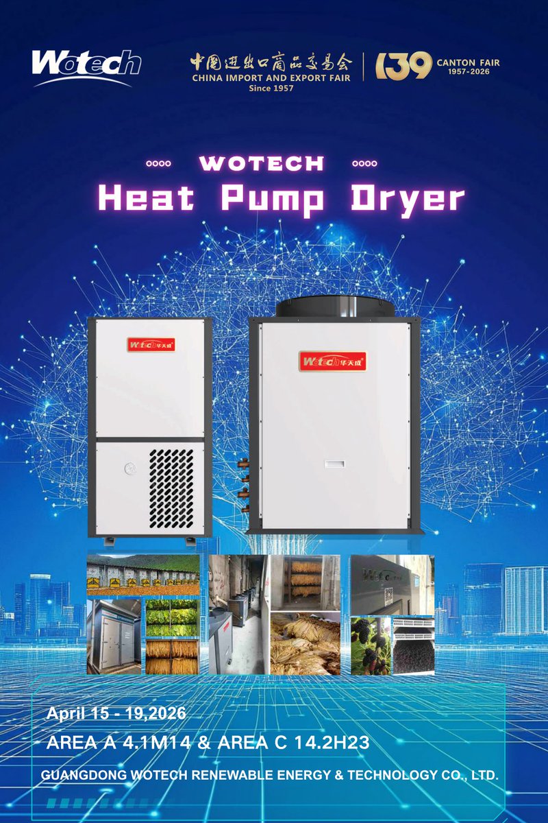 ecoheatpump's tweet image. 🔥 Still using traditional drying methods?
Upgrade to the WOTECH Heat Pump Dryer
✔ Stable drying qualityr
✔ Ideal for fruits, herbs, tobacco &amp;amp; more
📍 Canton Fair Apr 15–19
Booth: A 4.1M14 &amp;amp; C 14.2H23
#HeatPump #Drying #AgriTech #EnergySaving #Wotech #CantonFair