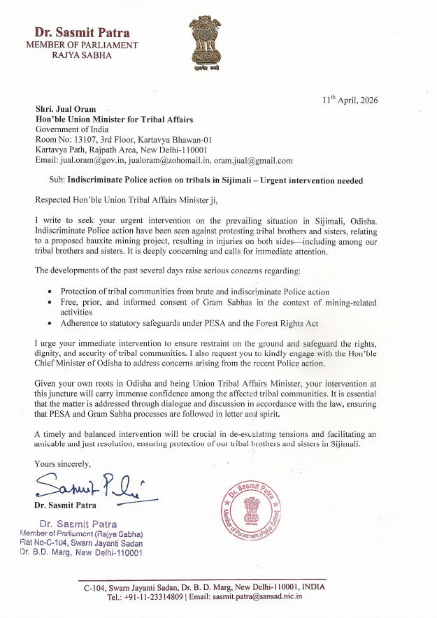 PTI_News's tweet photo. BJD leader Dr Sasmit Patra wrote to the Union Tribal Affairs Minister Jual Oram, seeking urgent intervention over alleged indiscriminate police action against tribals in Sijimali, Odisha related to a mining protest. https://t.co/bH9rMt7JXh