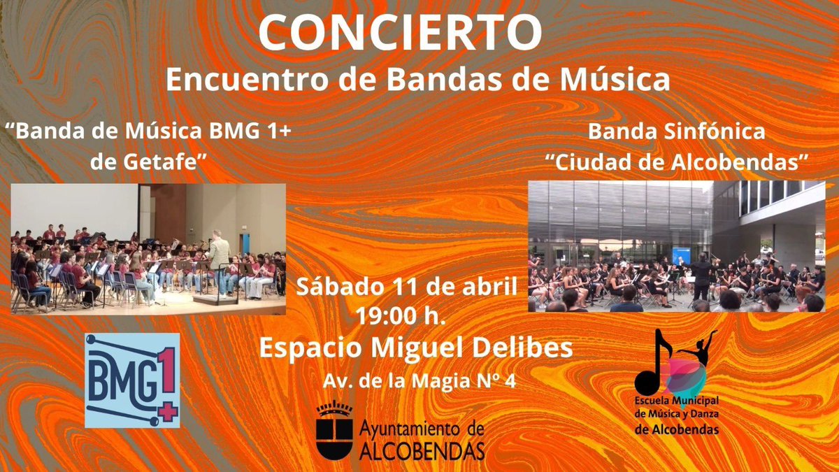 bmgetafe's tweet photo. 🎶 ¡Nos vamos a Alcobendas! 
📍 Alcobendas. Espacio Miguel Delibes Avenida de la Magia nº 4
📅 Sábado 11 de abril
🕒 19:00h

🎺✨ ¡Nos vemos allí para celebrar la música en comunidad!

#bmg1+ #windband #concertband #youngband #bandademusica https://t.co/uZ2U1lADZp