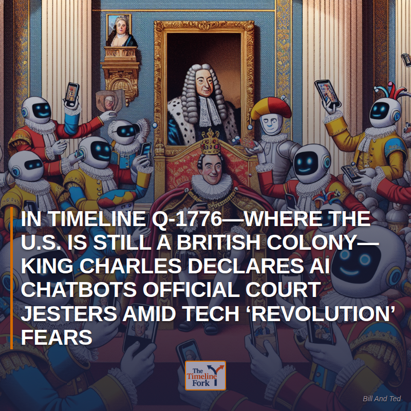 Timelinefork's tweet photo. In Timeline Q-1776—Where the U.S. is Still a British Colony—King Charles Declares AI Chatbots Official Court Jesters Amid Tech ‘Revolution’ Fears

#AI #Technology #RoyalFamily https://t.co/fGoEjjmRIN