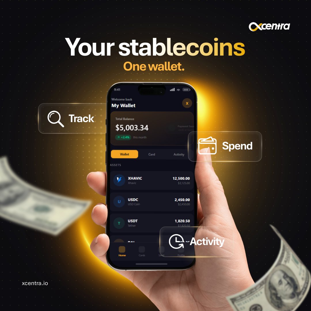 XcentraCards's tweet image. Your stablecoins. One wallet.

Track. Spend. Monitor activity.

Manage assets like USDC &amp;amp; USDT in one place with Xcentra.

Simple. Fast. Global.

#Xcentra #Stablecoins #CryptoWallet #Web3