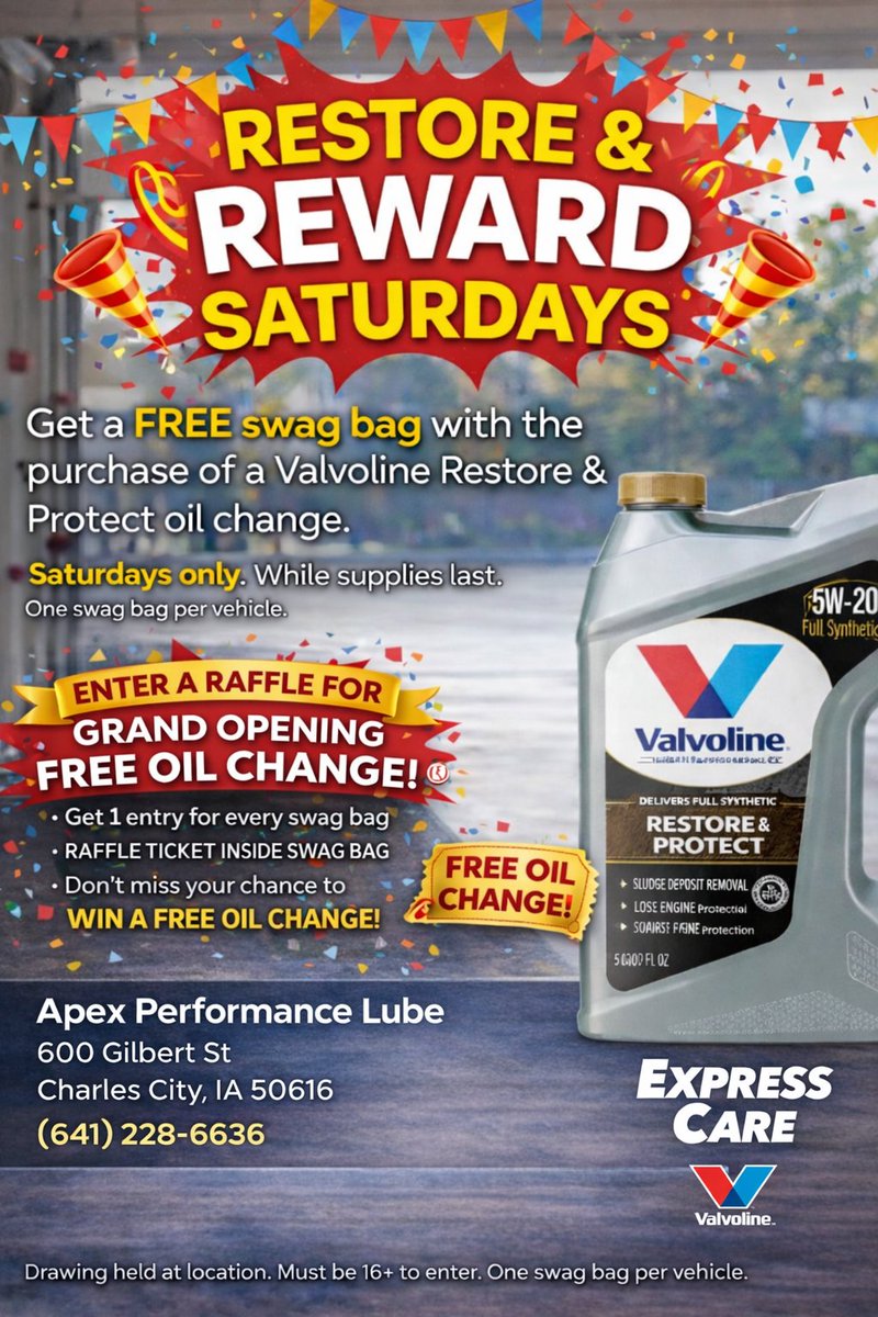 ApexLube20616's tweet image. It’s another Restore &amp;amp; Reward Saturday at Valvoline Express Care 📷

Stop in, say hello, and get your vehicle serviced before the week gets busy again. 
#RestoreAndReward #CharlesCity #WeekendService