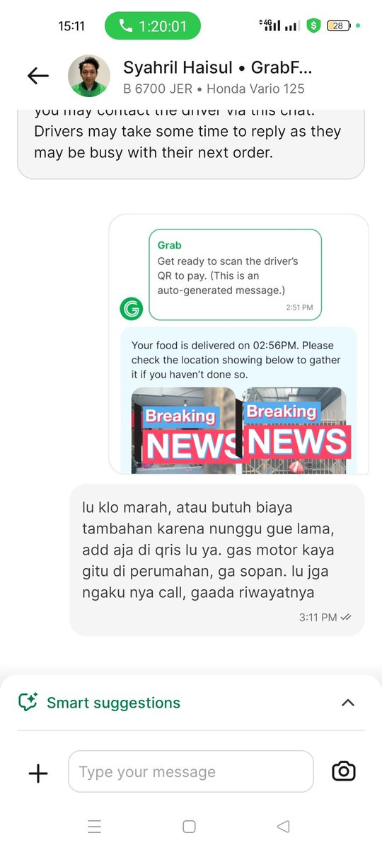 melophsiem899's tweet photo. @GrabID driver lu aji mumpung bgt 😆
Estimasi pengantaran 14:45, baru muncul notif di gw 15:00 / 15:05 sekian, tp ternyata posisi driver udh d titik lokasi.. gw turun dia  udh ngomel², dan pergi dgn gas motor kenceng.
Gw tawarin buat kasih tip, lgsg kasih nominal. Sekalian y bang https://t.co/XGmBethEPJ