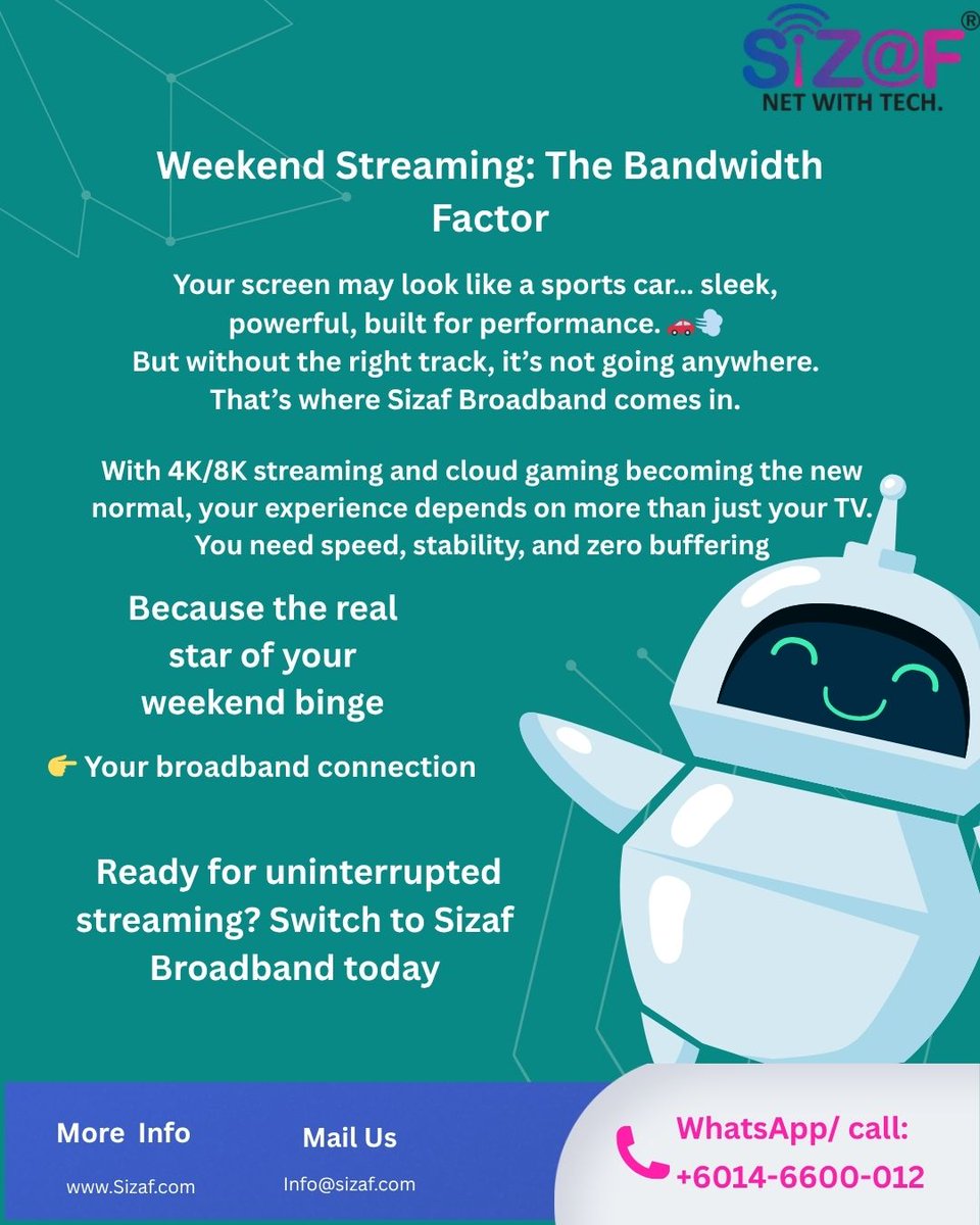SizafInfocomm's tweet photo. Make your weekend binge truly uninterrupted—because the real MVP is your broadband. 💪✨

Ready to upgrade your streaming game?
🌐 https://t.co/aRjAXOkhSg
📧 info@sizaf.com

#WeekendVibes #StreamingLife #NoBuffering #SmartConnectivity #Sizaf #NetWithTech https://t.co/lQVTEiJ4Fb