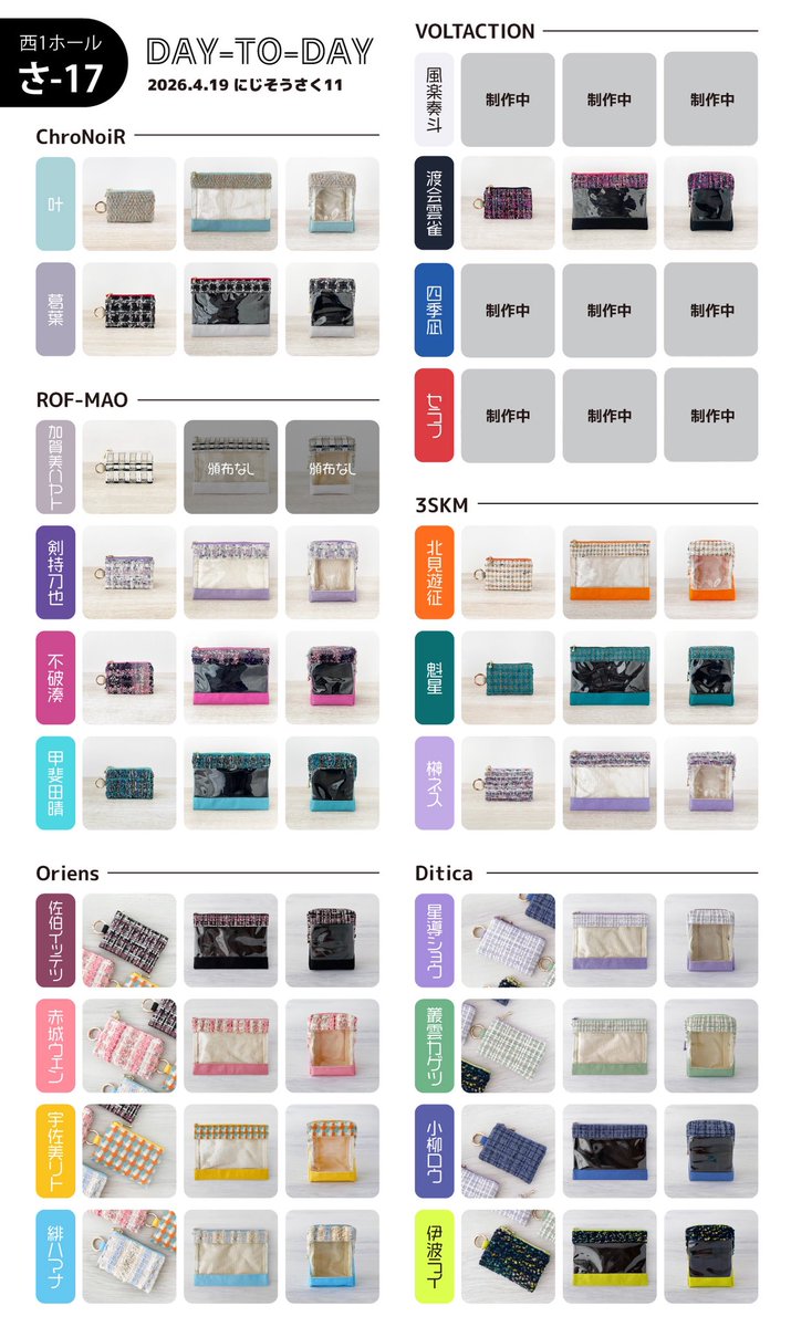 RP &amp;♡嬉しいです⟡.꙳

✿ ┈┈ お品書き ┈┈ ✿

  4.19 にじそうさく11
     西1ホール さ-17
        day-to-day

✿  ┈┈┈┈┈┈┈┈  ✿

ツイード生地を使った雑貨です🧵🪡
ぱぺやグッズが飾れるポーチなど
補足や新作はツリーに繋げます.ᐟ.ᐟ

 #にじそうさく11