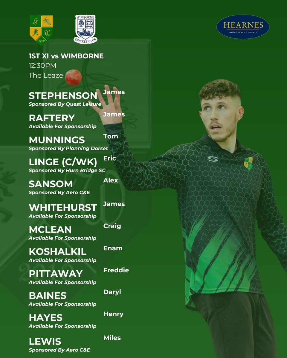 FWCricket's tweet image. TEAM NEWS

1st XI vs Wimborne

Eric Linge (C/WK) leads us out for our first friendly of 2026 at The Leaze — first ball at 12:30pm 🔰 

Come down and support the lads! 👊

#upthefern #greenandgold #greenarmy #teamnews #cricket

Brought to you by Hearnes Estate Agents Ferndown 🏡