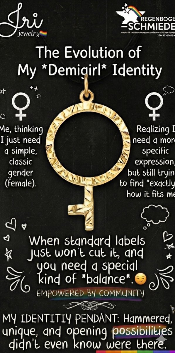 RegenbogenSchmi's tweet image. Realizing standard labels just don't fit?
This silver-gold-plated #Demigirl pendant is a special kind of #balance for your unique evolution.
Opening #possibilities. ✨ #IdentityPendant #Unique #Pride