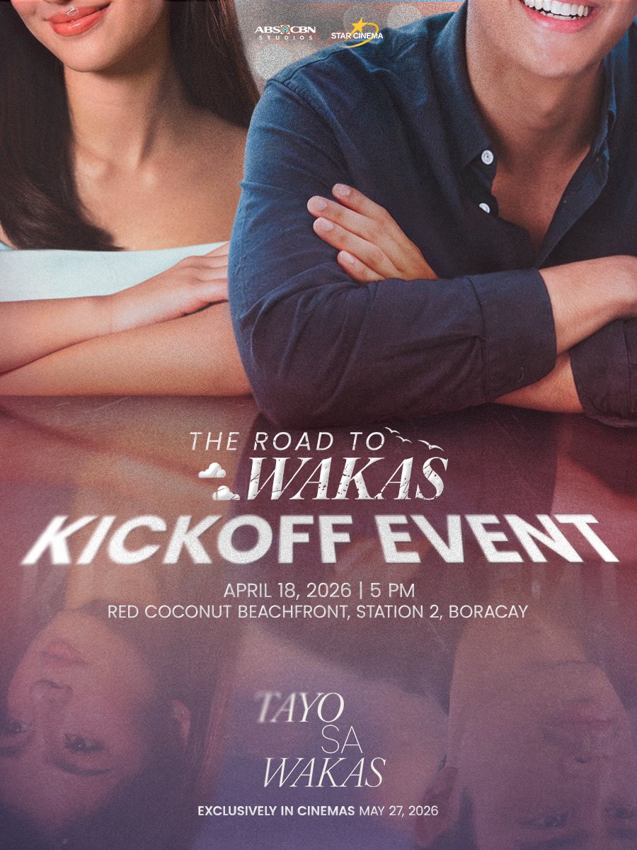 This is where THE ROAD TO WAKAS begins! 🛣️

Join Donny Pangilinan and Belle Mariano as we kickoff ‘Tayo Sa Wakas’ and drop the OFFICIAL POSTER at Red Coconut Beachfront, Station 2, Boracay — April 18, 2026, 5PM! 🌅 

#TayoSaWakas — a Cathy Garcia-Sampana film Exclusively in