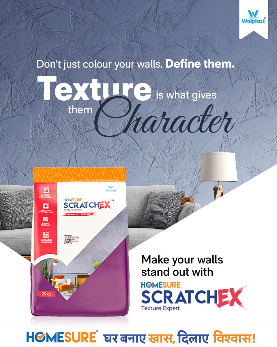 Walplast's tweet image. Your walls deserve more than a shade, they deserve character. With #HomeSure #Scratchex, transform plain surfaces into a masterpiece. Its high-performance texture shields plaster from harsh weather &amp;amp; resists cracks. 

Visit: walplast.com/brands/homesur…

#WallTexture #WallDecor