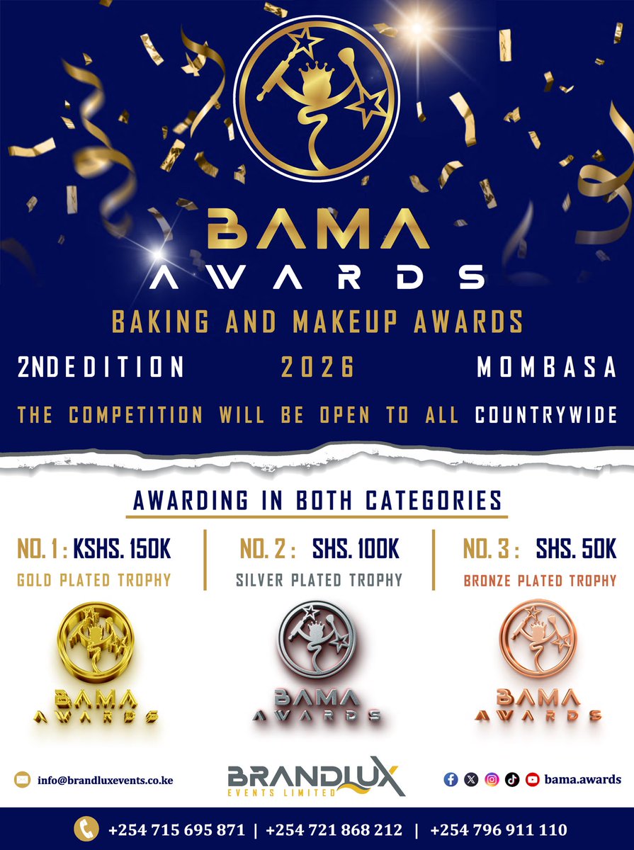 bamaawards's tweet photo. BAMA AWARDS : Baking and Makeup Awards 2026.
BIG AND BETTER. The COMPETITION will be open to all COUNTRYWIDE ( NATIONWIDE ).

BRANDLUX EVENTS LIMITED take this great opportunity to welcome all the Sponsors, Partners, Nominees, Audiences and the Public at large to the BAMA AWARDS. https://t.co/IYj4uQ8bCB