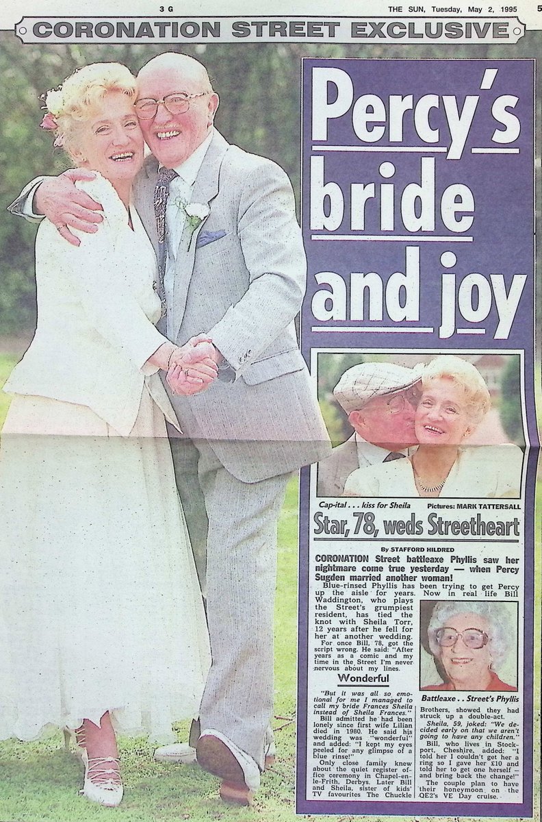 TvDidYouSee's tweet image. #OnThisDay 2 May 1995
The Sun has a #CoronationStreet Exclusive:
PERCY'S BRIDE AND JOY - Star, 78, weds Streetheart "Batteaxe Phyllis saw her nightmare come true yesterday - when Percy Sugden married another woman!"