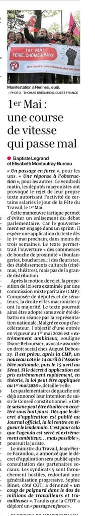 Article Ouest-France pour la manifestation à Rennes jeudi dont FO présent pour conserver la journée des travailleurs le 1er mai.