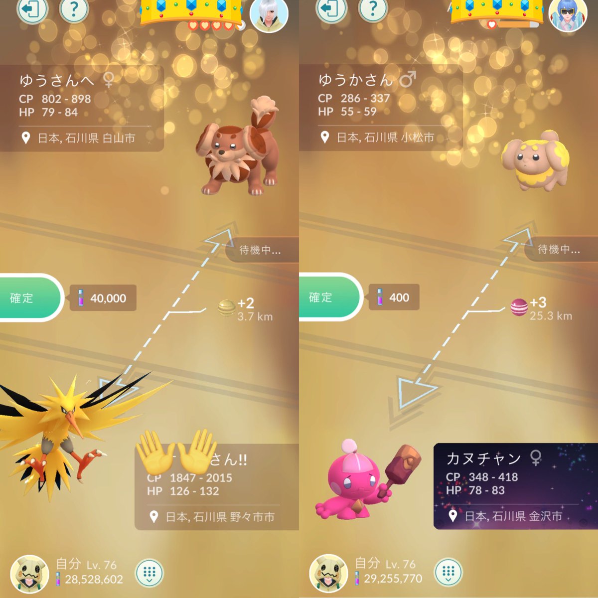カヌチャンコミュデイお疲れ様でした🔨
あんねさんの通知のおかげで色100とれた🥳
キラ交換もありがとうございました🐶🥐
#ポケモンGO