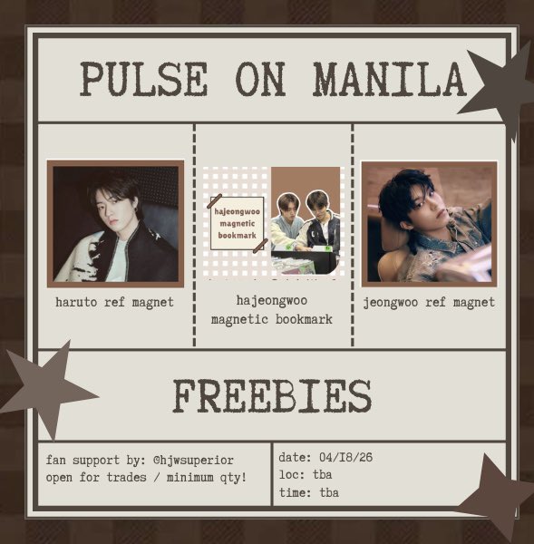 hjwsuperior's tweet photo. TREASURE PULSE ON in MANILA haruto &amp; jeongwoo freebies

🗓 : April 18, 2026 
📍 : MOA Arena 
⏰ : TBA

• for hjw enthusiats!
• open for trades | strictly 1:1 
• very limited qty

#PULSE_ON_IN_MANILA
#TREASUREinManila https://t.co/IZPs2dGYZa