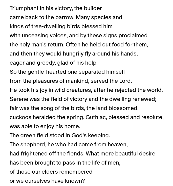 ClerkofOxford's tweet photo. Today is the feast of St Guthlac, demon-haunted hermit of Crowland in Lincolnshire, who died in 714. This beautiful extract from an Anglo-Saxon poem about Guthlac tells how, after a long season of mental struggle, he found peace in wild birds and the coming of spring. https://t.co/d4quCkrNqX