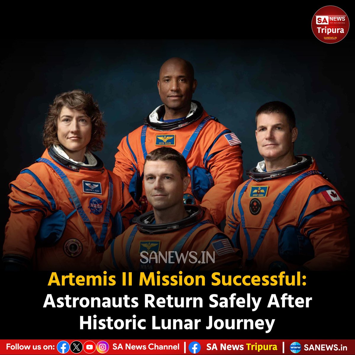 SanewsTripura's tweet image. NASA’s Artemis II mission was successful—four astronauts safely returned after travelling toward the Moon for the first time in 50 years. The 10-day mission sets a new distance record and captures views of the Moon’s far side.
#sanewstripura #ArtemisII #NASA #spaceexploration