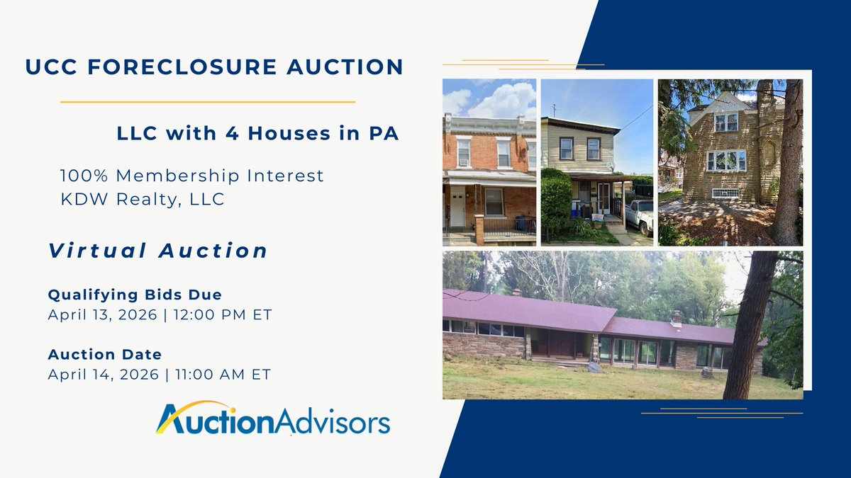 AuctionAdvisors's tweet photo. UCC Foreclosure Auction – LLC with 4 Houses in Pennsylvania

Qualifying Bid Deadline: April 13, 2026 | 12:00 PM ET
 Auction Date: April 14, 2026 | 11:00 AM ET

https://t.co/ICTcL882zo https://t.co/dxfChqrDg0
