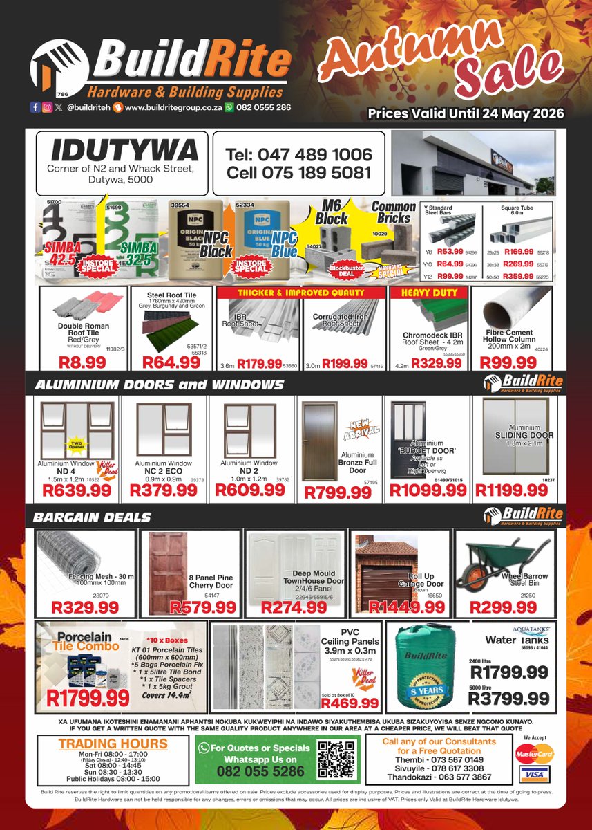 BuildriteH's tweet image. BuildRite Hardware Autumn Sale is now on at Idutywa... Are you ready for these Crazy prices and many more Amazing deals!!!😁

#BuildRite #buildriteh #buildritehardware #Idutywa #Dutywa #mbashe #easterncape #047