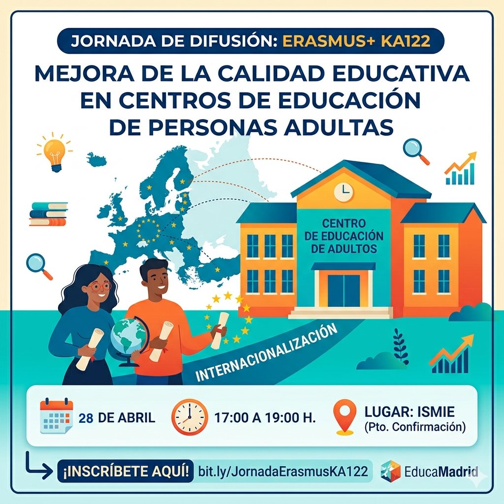 🇪🇺 ¡Impulso de centros de #personasadultas con ​#ErasmusPlus!  ​

Participa en la jornada de difusión del 28 de abril. Apúntate ya.

​📅 14 de abril. 🗺️ ISMIE (por confirmar).

ℹ️ Más información:  innovacionyformacion.educa.madrid.org/actividades/jo…

#FormaciónDocente