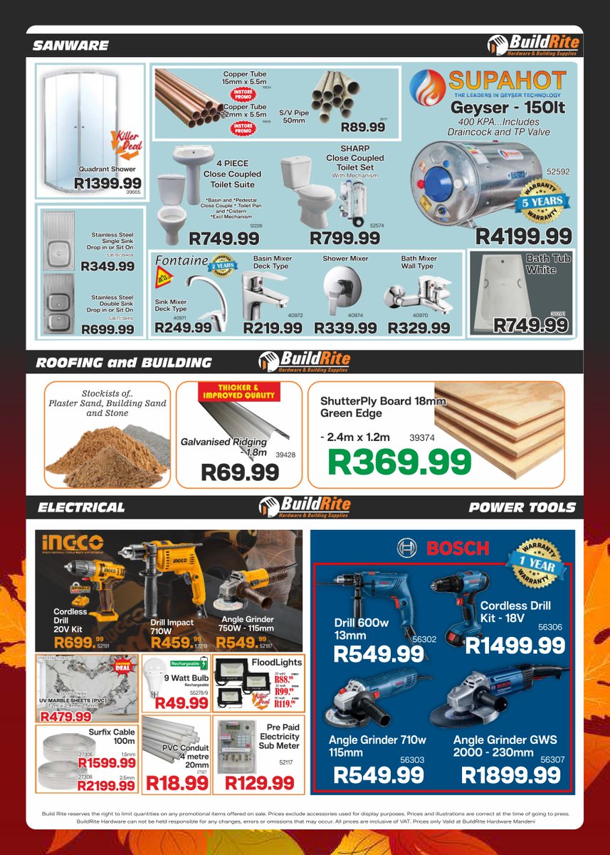 BuildriteH's tweet image. BuildRite Hardware Autumn Sale is now on at Mandeni... Are you ready for these Crazy prices and many more Amazing deals!!!😁

#buildritehardware #Mandeni #mandini #sundumbili #ilembe #ilembedistrict #4490